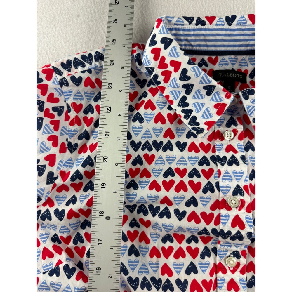 Talbots Womens Small Red Navy Blue Heart Print Cotton Button Down Shirt Blouse - Picture 7 of 9